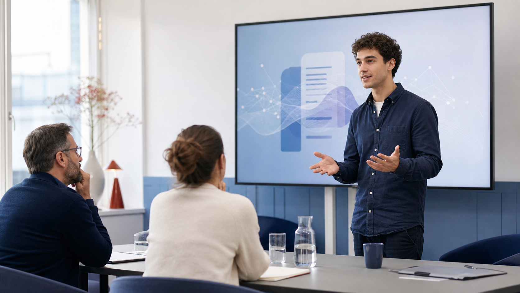 Un apprenant présente un travail assisté par IA devant deux évaluateurs dans une salle de formation.